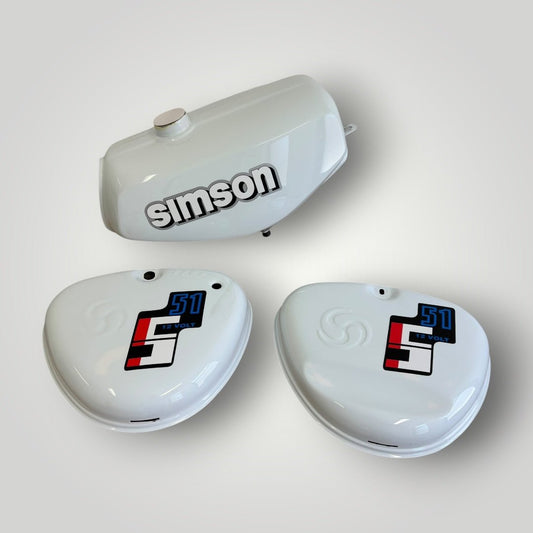 Simson Tank + Seitendeckel Weiß mit blau Stich S51/S50/S70 – B - Ware Ersatzteile - simsonrausch